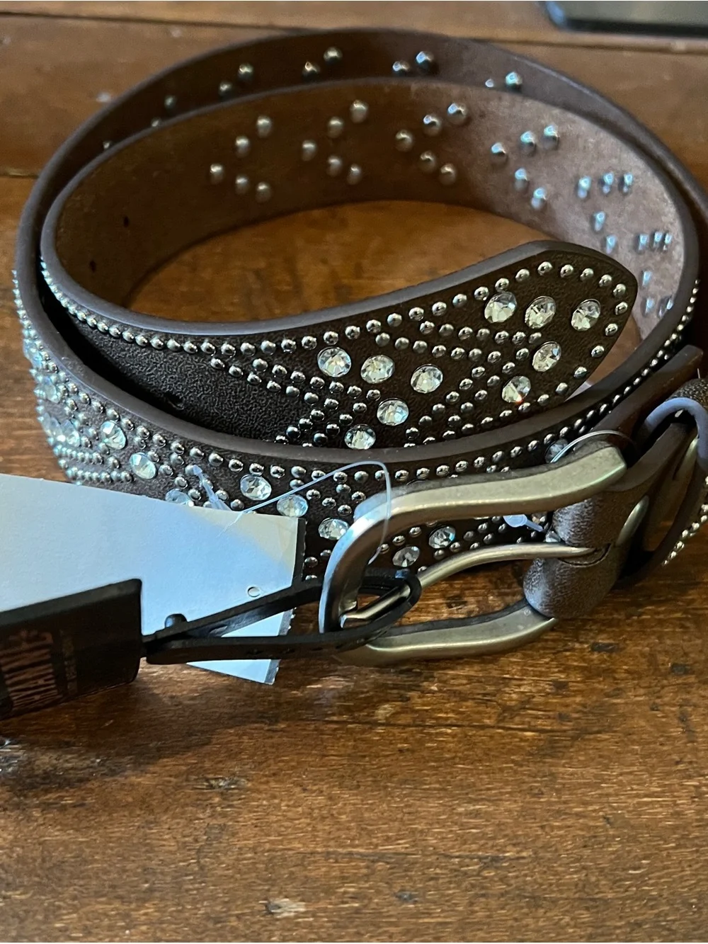 NWT Shyanne Brown Leather Studded Belt w/ Crystal Embellishments Sz M/L